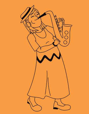Woman playing saxophone. Female jazz musician in outline style.のイラスト素材