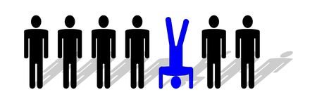 silhouettes of people in row. One is different - headstanding.の写真素材