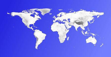 Detailed world map with grayscale elevation on blue gradient background.