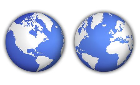 two different views of world globe with shadowの写真素材