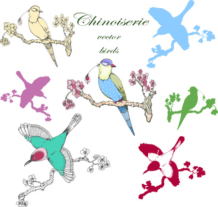 Vector hand drawing vintage little birds in chinoiserie style for wallpaper, wedding, textile and scrapbooking designのイラスト素材