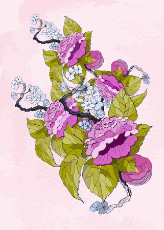 vector hand drawing peonies in chinoiserie style for wedding and floral designのイラスト素材