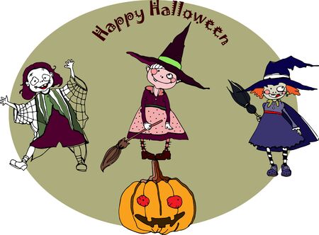 vector hand drawing funny characters and pumpkins for Halloween designのイラスト素材