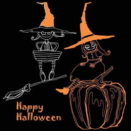 vector hand drawing funny characters and pumpkins for Halloween designのイラスト素材