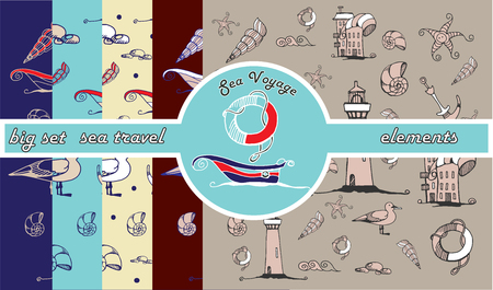 Big vector hand drawing set of sea voyage elements for your design .のイラスト素材