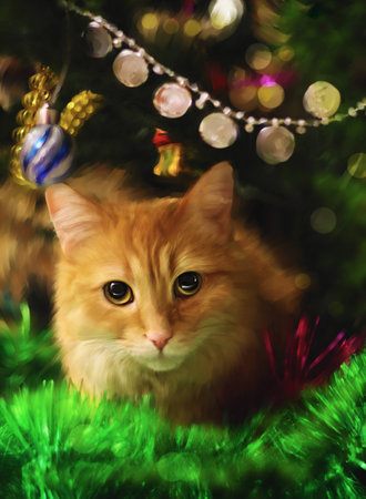 Red cat lies at the Christmas treeの写真素材