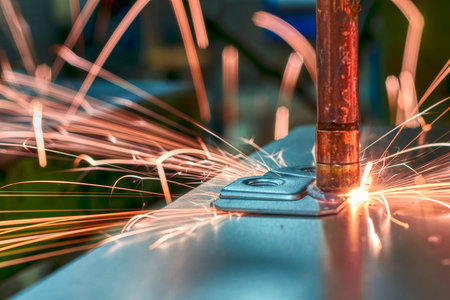 Welding robots movement in a factory, closeup.
