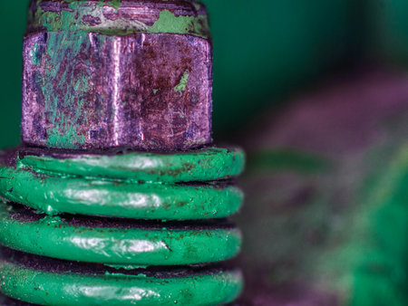 Close up of old green metal screw. Shallow depth of field.の写真素材