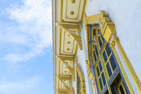 Detail of roof temple' construction with clear sky background at Wat Sothorn, Chachoengsao Thailandの写真素材