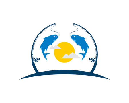 Fishing rod with jumping fish and sunのイラスト素材