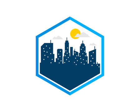 Hexagonal shape with city silhouette insideのイラスト素材
