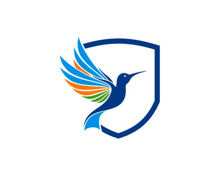 Outline shield with colorful flying bird insideのイラスト素材