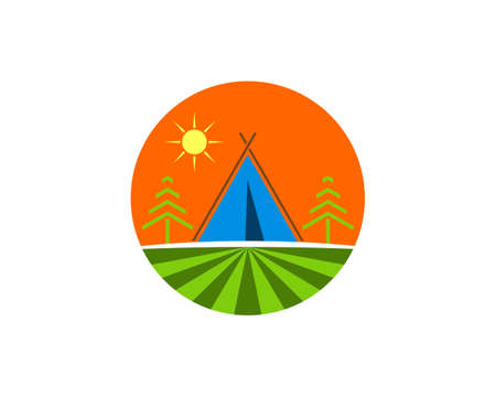 Circle shape with green field and camp tent insideのイラスト素材