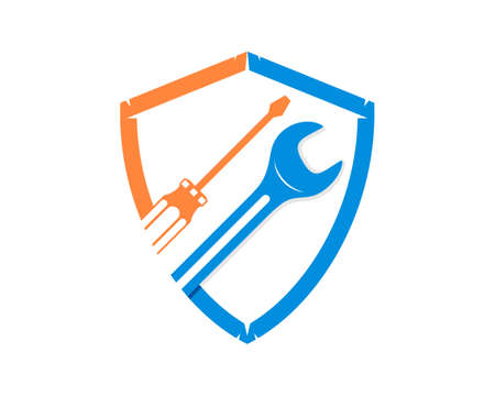Wrench and screwdriver inside the shieldのイラスト素材