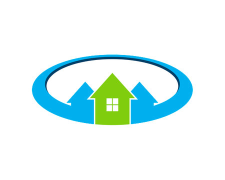 Oval swoosh shape with three house insideのイラスト素材