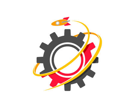 Gear with swoosh and flying rocketのイラスト素材