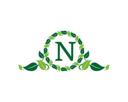 N Letter with green leaves frameのイラスト素材
