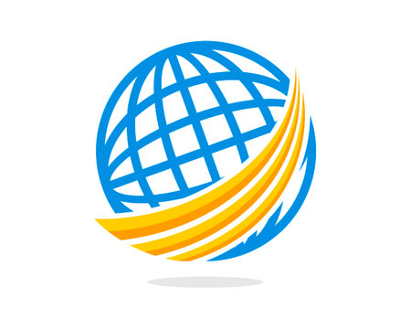 Blue globe outline with yellow swooshのイラスト素材