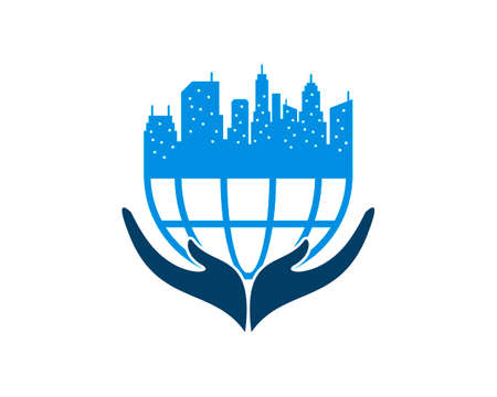 Abstract globe with city silhouette and hand careのイラスト素材