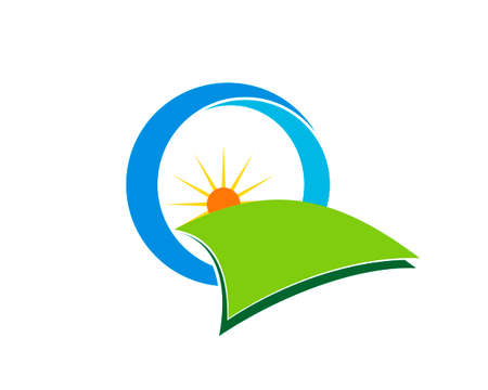 Circle swoosh with green field and shinning sunのイラスト素材