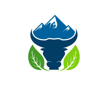Bull head with nature leaf and mountainのイラスト素材