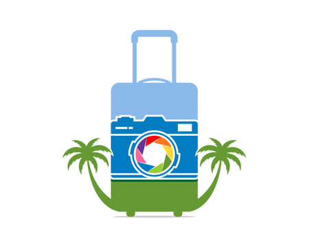 Travel bag with camera in the middleのイラスト素材