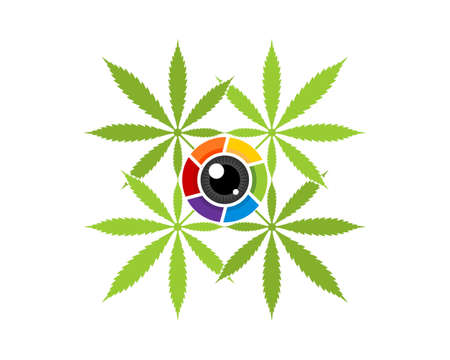 Cannabis leaf with camera lens insideのイラスト素材