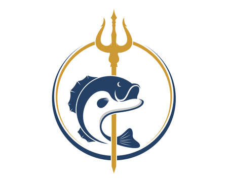 Golden trident with jumping fish in the middleのイラスト素材