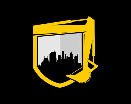 Excavator with shield shape and city building insideのイラスト素材