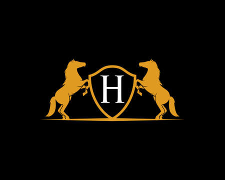 Shield with two horse and H letter initialのイラスト素材