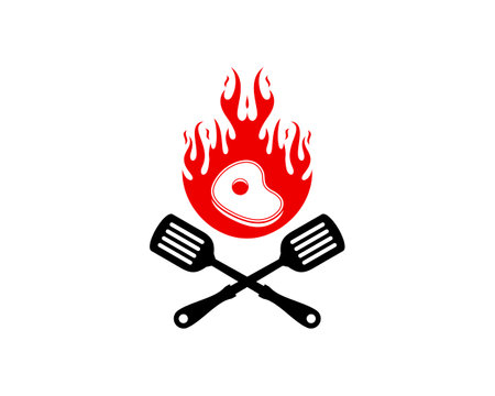 Fire with meat and cross spatulaのイラスト素材