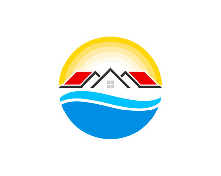 Beach wave with modern house and shinning sunのイラスト素材