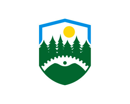 Shield with pine forest and bike gear insideのイラスト素材