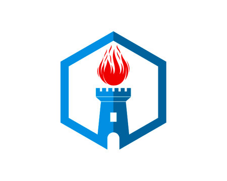 Hexagonal shape with fortress and fire insideのイラスト素材