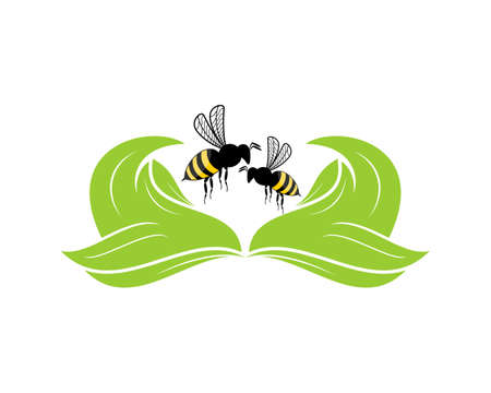Flying bee on the green leaves logoのイラスト素材