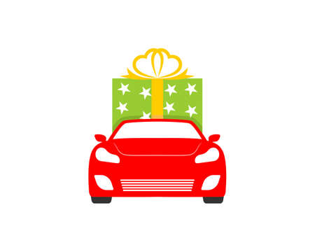 Red car with gift box behindのイラスト素材