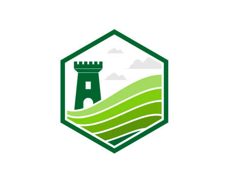 Hexagonal shape with fortress in the green farmのイラスト素材