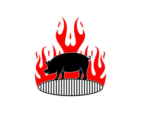 Standing pig on the grill pan with fire flame behindのイラスト素材