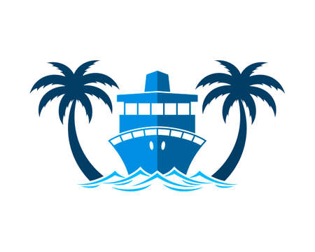 Palm tree in the beach with transportation ship insideのイラスト素材