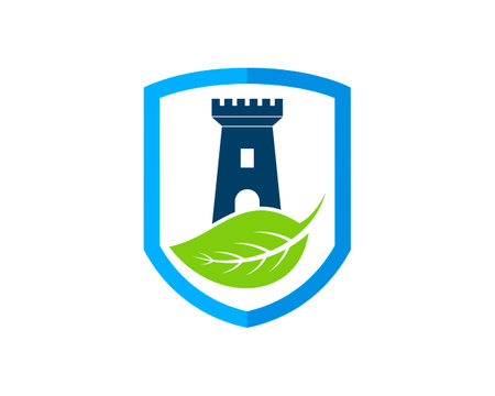 Simple shield with fortress and nature leafのイラスト素材