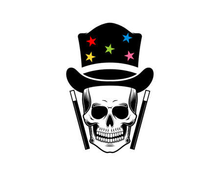 Skull head with magician hat and rising wand besideのイラスト素材