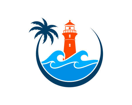 Circular palm tree with beach wave and lighthouseのイラスト素材
