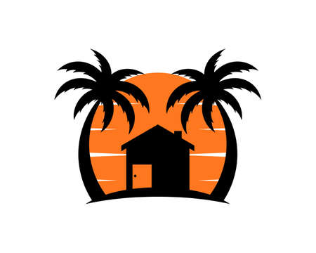 House between palm tree in the sunsetのイラスト素材