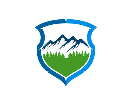 Abstract shield with mountain and pine forestのイラスト素材