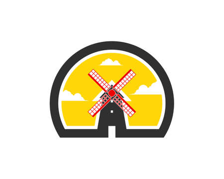 Circle half shape with wind mill in the farm field and sunsetのイラスト素材