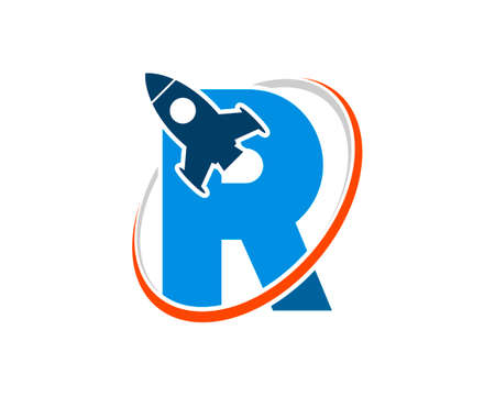 R letter initial with rocket launch and oval swoosh insideのイラスト素材