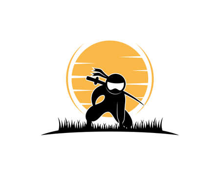Ninja on the grass with sunset behindのイラスト素材