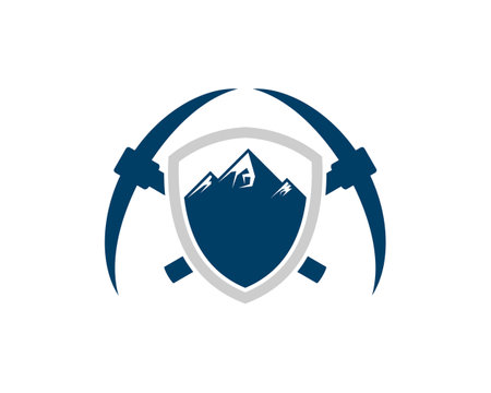 Shield with mountain and cross mining axeのイラスト素材