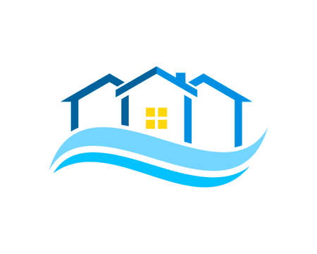 Three simple house with abstract beach waveのイラスト素材