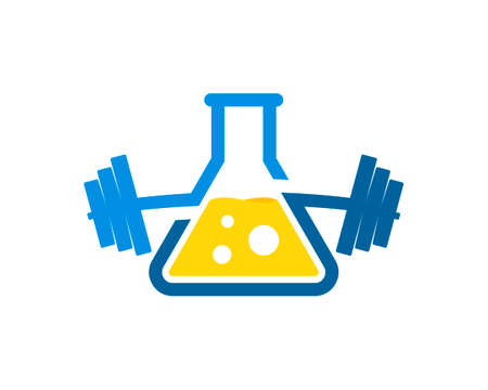 Triangle bottle laboratory with gym barbell and yellow liquidのイラスト素材